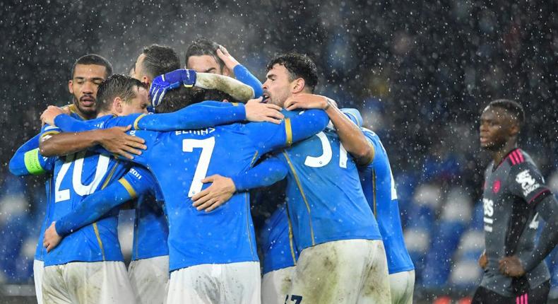 Napoli's players celebrate after beating Leicester Creator: Alberto PIZZOLI
