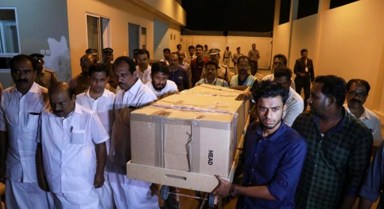 The body of Ansi Alibava, who was killed during the New Zealand mosque attacks, is carried upon arrival at Cochin International Airport in Kerala, India