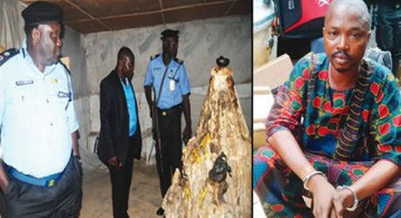 Oyo State Commissioner of Police, Mohammed Katsina (right), officers of the state command and a suspect at a fake currency factory discovered near Ibadan.