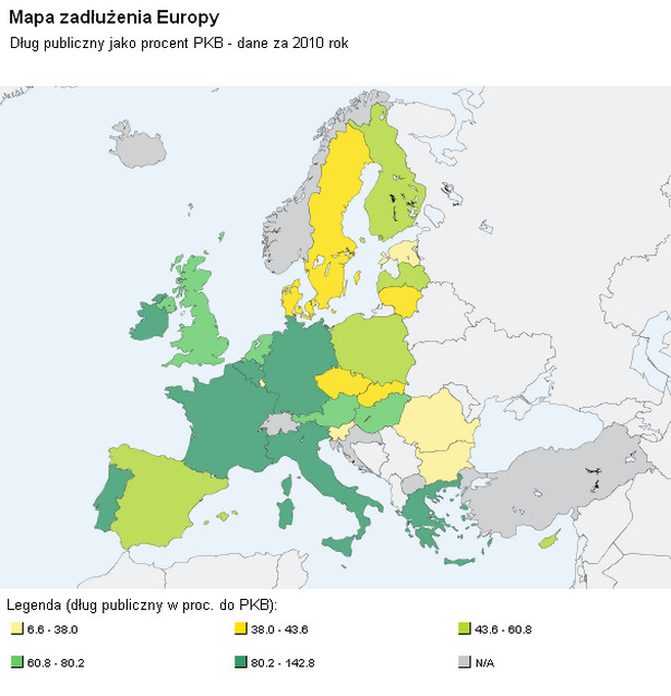 Mapa zadłużenia Europy źródło: Eurostat