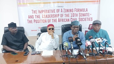 From L-R: Chairman, Youth Reform Group, Mr Charles Folayan; representative of Renewed Hope Prayer Fellowship, Pastor Prosper Kachikwu; President, African Civil Society Forum, Dr Tunji Asaolu; and Mr Martins Igwe at the news conference in Abuja