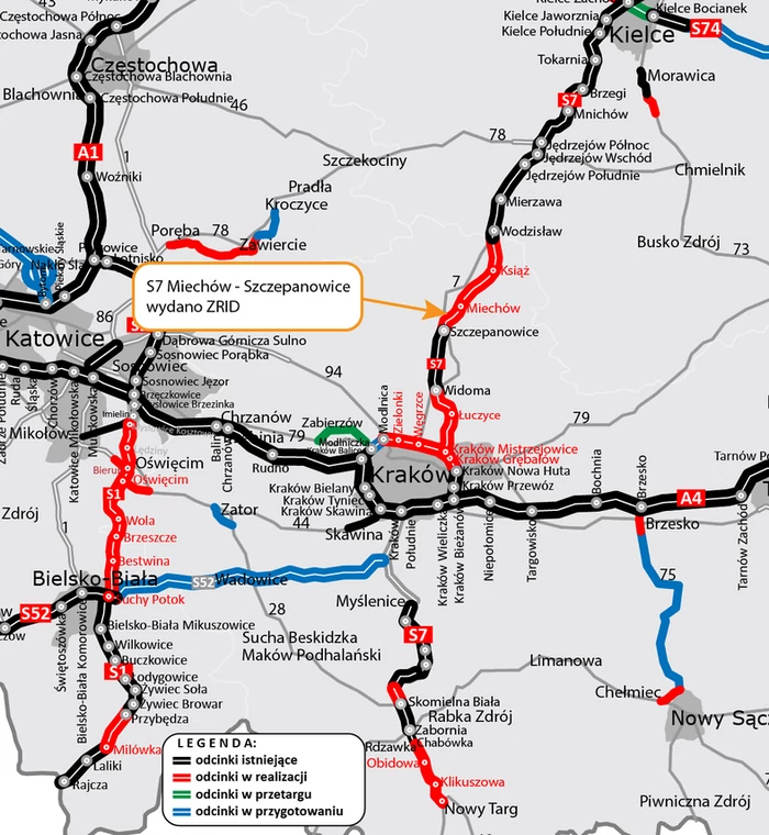 Mapa budowy S7 Moczydło — Kraków