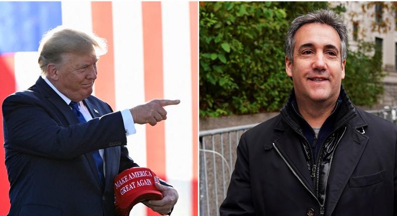 Donald Trump speaks at a rally in Delaware on April 23, 2022, left. Michael Cohen leaves federal court in Manhattan on Nov. 22, 2021, right.