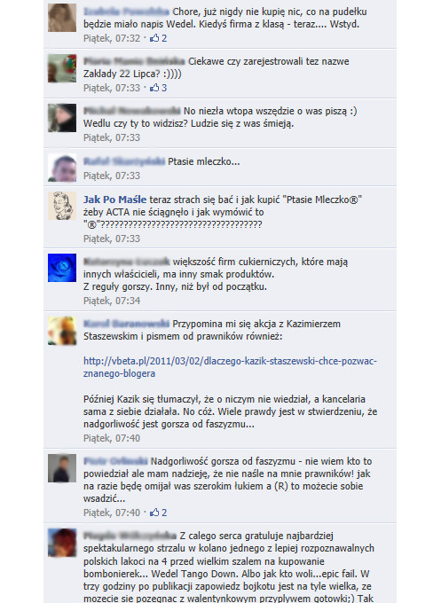 Komentarze w takim tonie pojawiają się nadal na profilu Wedla na Facebooku 