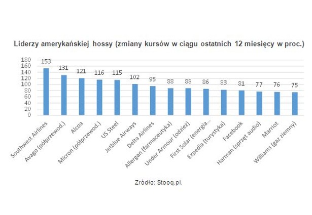 Liderzy amerykańskiej hossy (zmiany kursów w ciągu ostatnich 12 miesięcy w proc.)