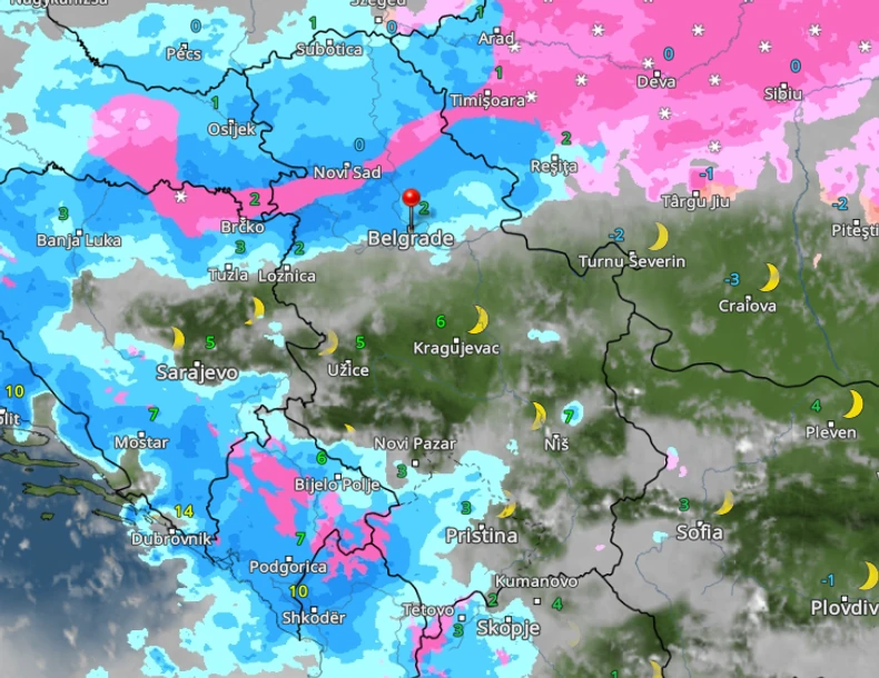 Mapa kretanja padavina u subotu u 5 časova 