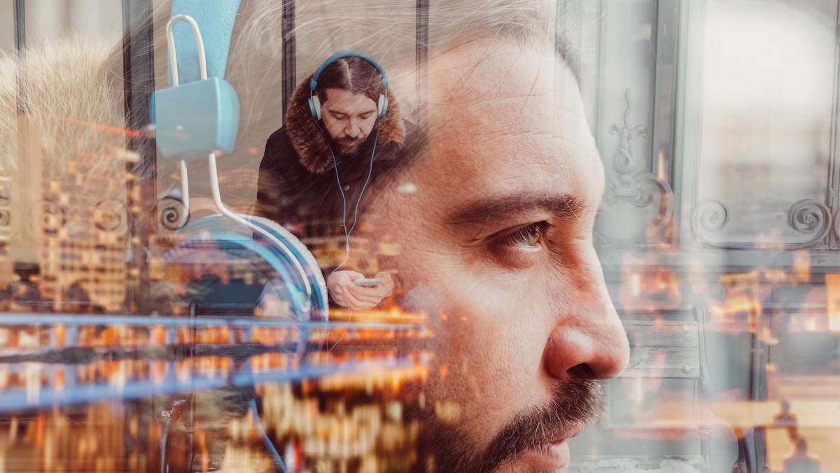 Multiple exposure photo of man with headphones