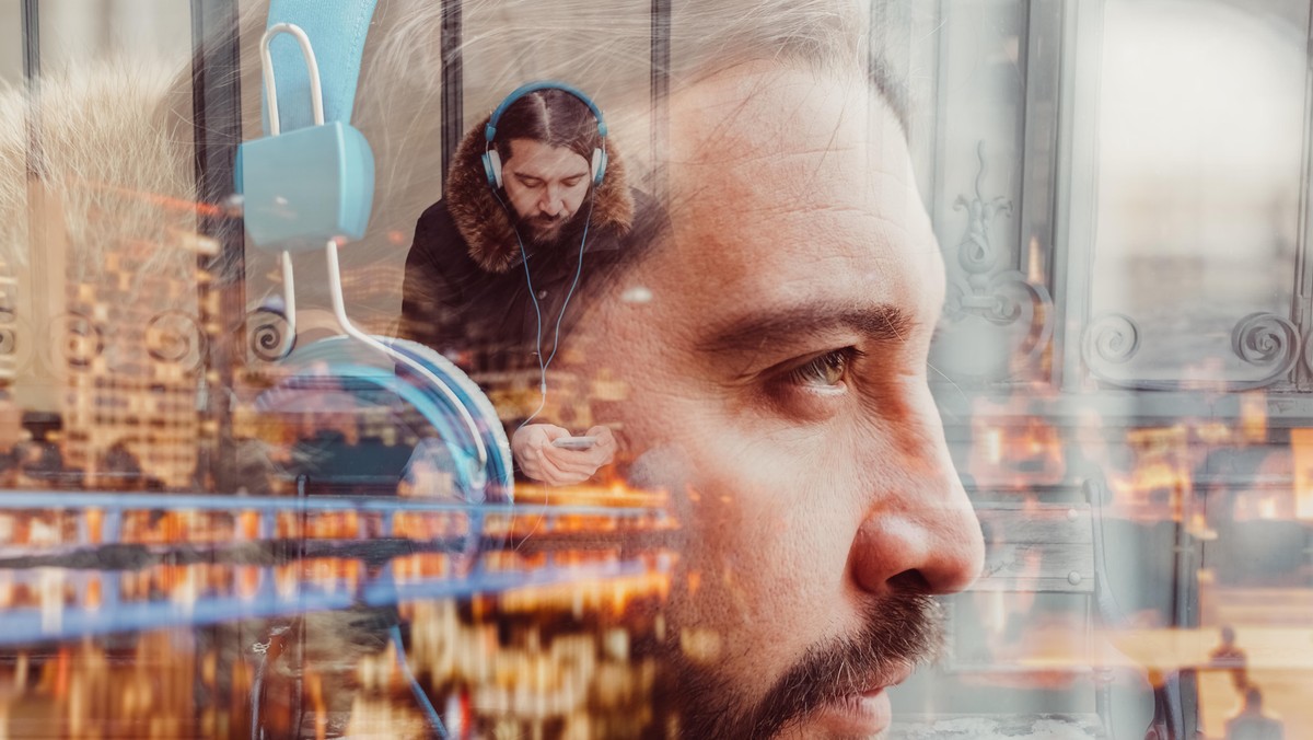 Multiple exposure photo of man with headphones