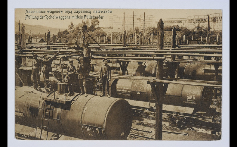 Pocztówka przedstawiające wagony z ropą naftową w Borysławiu