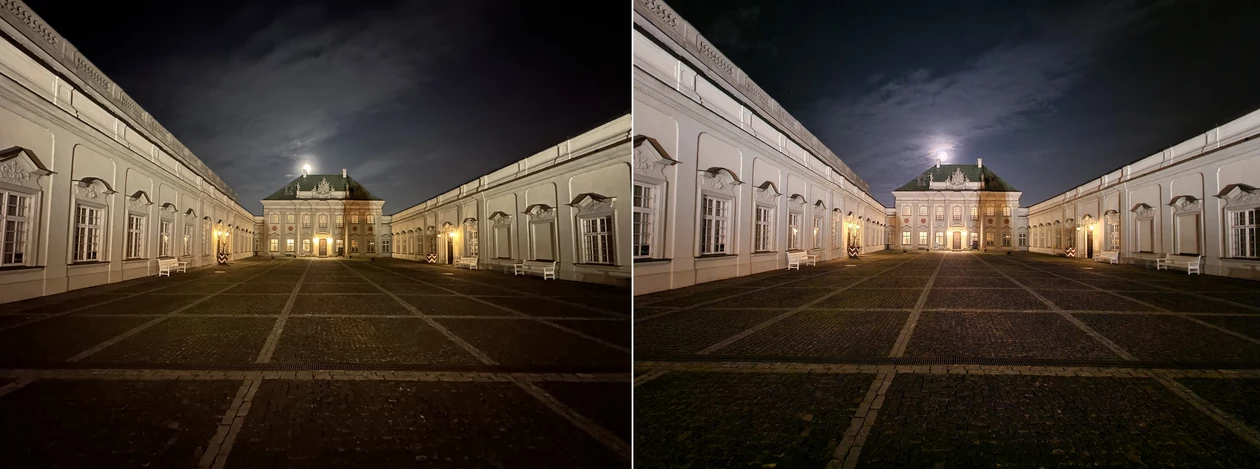 Zdjęcia nocne z modułów szerokokątnych. Po lewej iPhone 14 Pro Max, po prawej Galaxy S22 Ultra (kliknij, aby powiększyć) 