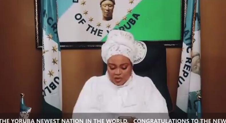 Modupe Onitiri Abiola during the broadcast where she proclaimed the democratic republic of Yoruba. 