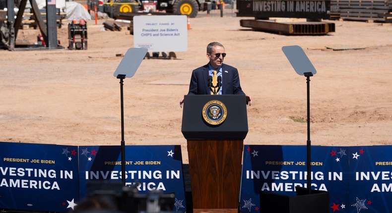 Intel CEO Pat Gelsinger speaks before President Joe Biden's remarks at Intel Ocotillo Campus on March 20, 2024 in Chandler, Arizona. Biden announced $8.5 billion in federal funding from the CHIPS Act for Intel Corp. to manufacture semiconductors in Arizona.Rebecca Noble/Getty Images