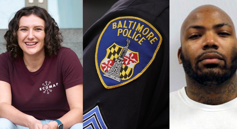 Pava LaPere, left, a Baltimore Police badge, center, and Jason Billingsley, right.EcoMap Technologies; Patrick Smith/Getty Images; Baltimore Police Dept. via AP