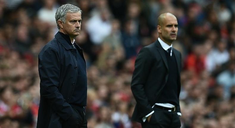 Manchester United's Jose Mourinho (left) and Manchester City's Pep Guardiola during the Premier League match between the two sides at Old Trafford on September 10, 2016