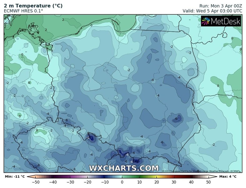 Noc mroźna. Lokalnie spadki temperatury niemal do -10 st. C