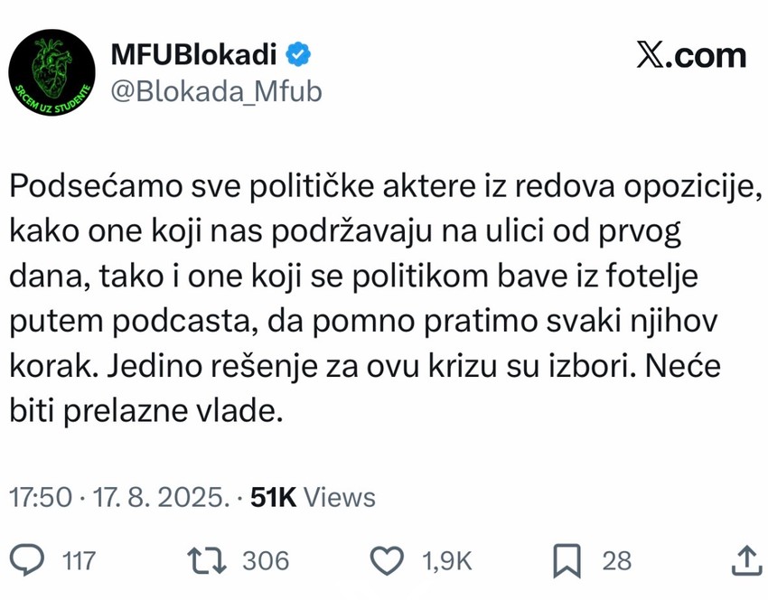 Tvit studenata u blokadi o prelaznoj vladi