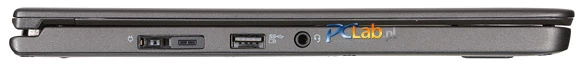 Lewa strona: złącze zasilacza, złącze stacji dokującej, USB 3.0, gniazdo audio