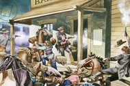 Bank robbery taking place in the Wild West.