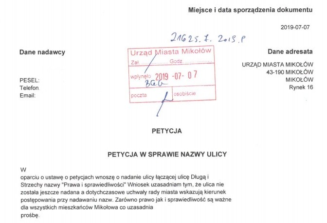 Petycja ws. ulicy Prawa i sprawiedliwości w Mikołowie