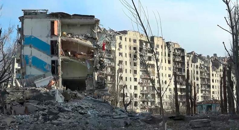A screengrab of a video released by the head of the Russian-controlled Donetsk region Denis Pushilin's telegram channel shows damaged buildings in Avdiivka after Russian forces took over the city.Head of the Russian-controlled Donetsk region Denis Pushilin telegram channel via AP