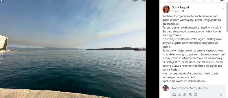 Małgorzata Pagoni przekonuje na Facebooku, że na Korfu jest obecnie bezpiecznie