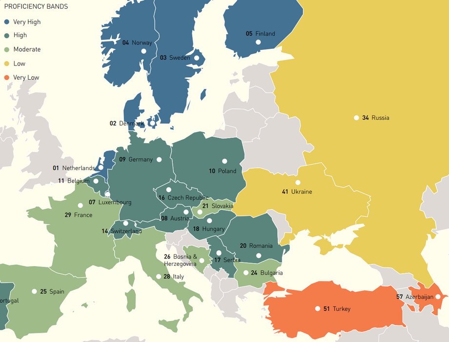 Znajomość języka angielskiego w Europie. Niebieski - bardzo wysoka, czerwony - bardzo niska