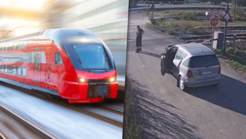 Pociąg prawie zmiażdżył Mercedesa na przejeździe kolejowym (www.reddit.com/Idiots In Cars)