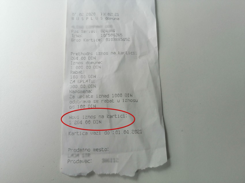 Račun koji pokazuje da je kartica dopunjena