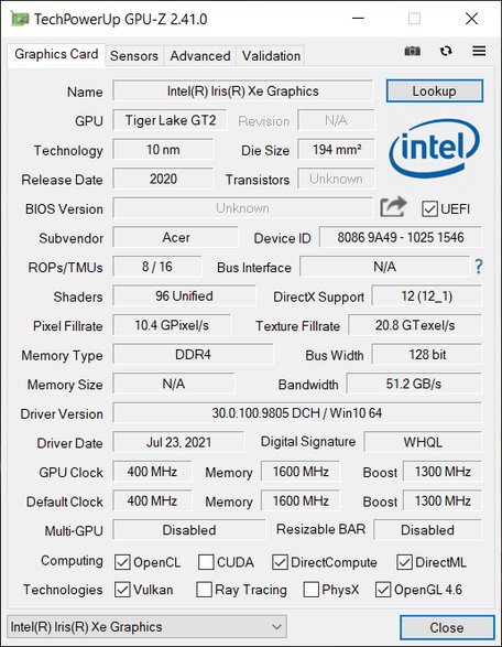 Acer Swift 3 (SF316-51)  – GPU-Z – specyfikacja Intel Iris Xe Graphics (80 EU)