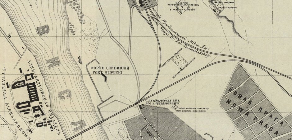 Stary i nowy cmentarz choleryczny przed przebudową kolei. źródło: Cmentarium