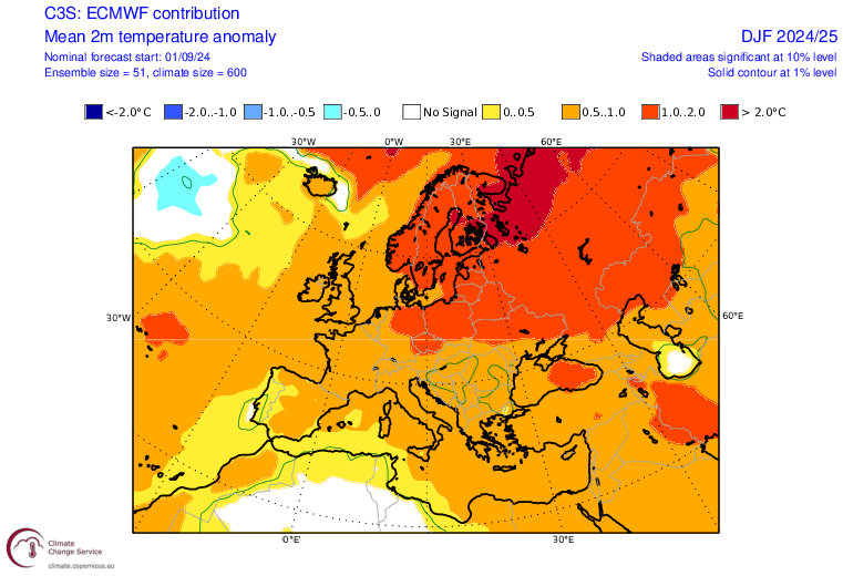 Prognozowana anomalia temperatury w Europie od grudnia do lutego