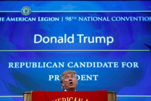 Republican presidential nominee Donald Trump speaks to the American Legion National Convention in Ci
