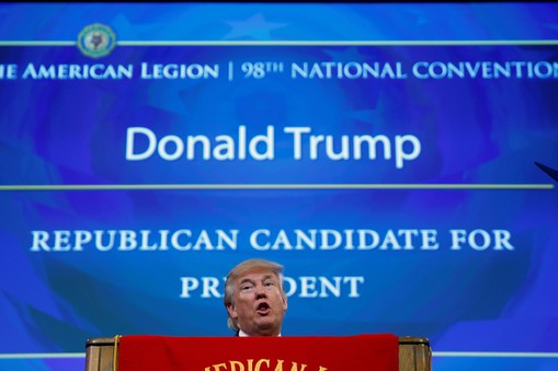 Republican presidential nominee Donald Trump speaks to the American Legion National Convention in Ci