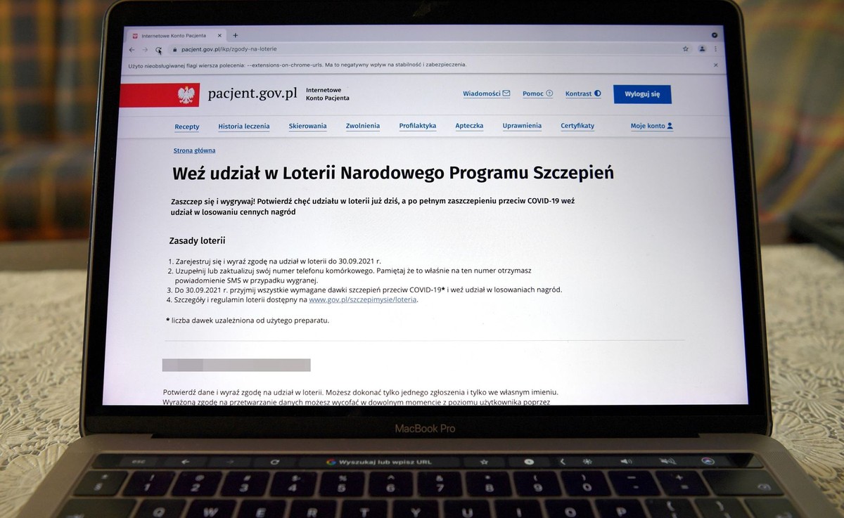Strona internetowego konta pacjenta, 1 bm. Poprzez konto można wziąć udział w rozpoczętej dzisiaj Loterii Narodowego Programu Szczepień.