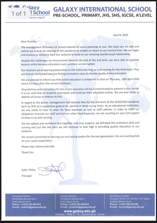 Letter from Galaxy International School