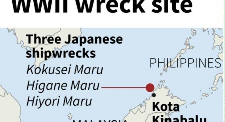 The area of three Japanese shipwrecks off the coast of Malaysia