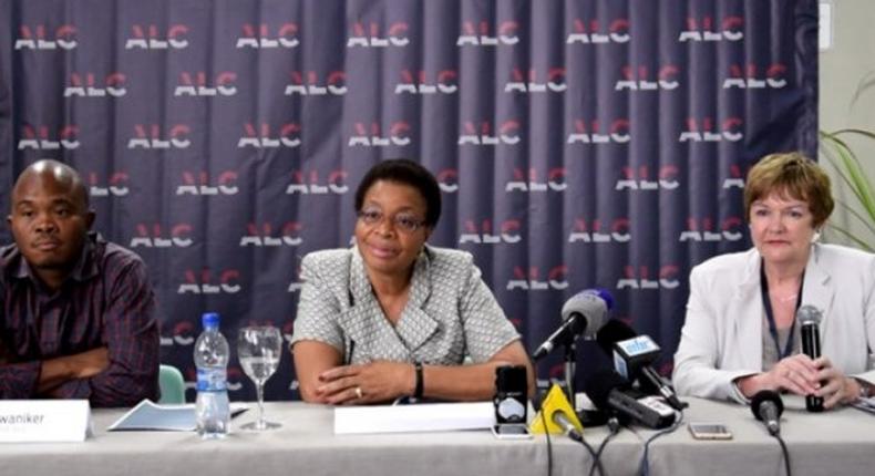 The Chancellor of the University, Madam Graca Machel (middle) flanked by the Founder and CEO of ALU, Mr Fred Swaniker and the Vice Chancellor of the Glasgow Caledonia University, Prof Pamela Gillies