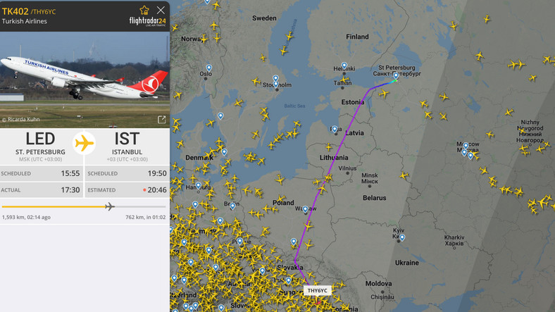 Trasa samolotu Turkish Airlines z Petersburga do Stambułu w niedzielę 