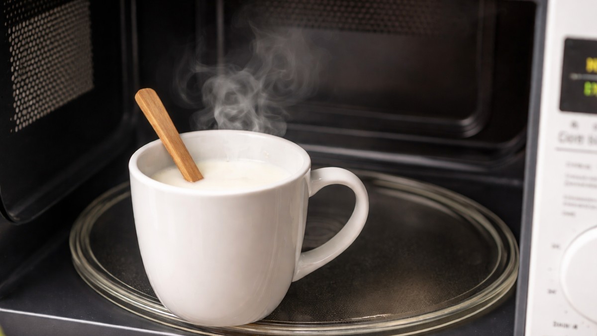 Šolja s toplim mlekom u mikrovalnoj