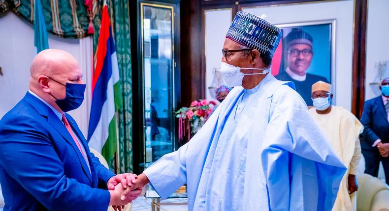 President Muhammadu Buhari receives in audience Karim Ahmad Khan, International Criminal Court (ICC) Prosecutor at the State House, Abuja. [Presidency]