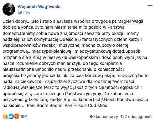 Wojciech Waglewski na Facebooku