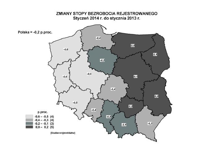 Zmiany stopy bezrobocia rejestrowanego - styczeń 2014 do stycznia 2013, źródło: GUS