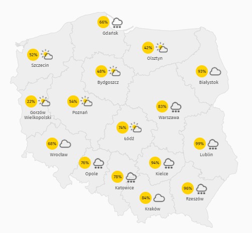 Prognoza zachmurzenia i opadów w piątek 12 lutego