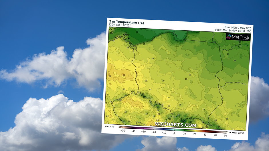 Poniedziałek w większości kraju będzie pogodny, z umiarkowaną temperaturą (mapa: wxcharts.com)