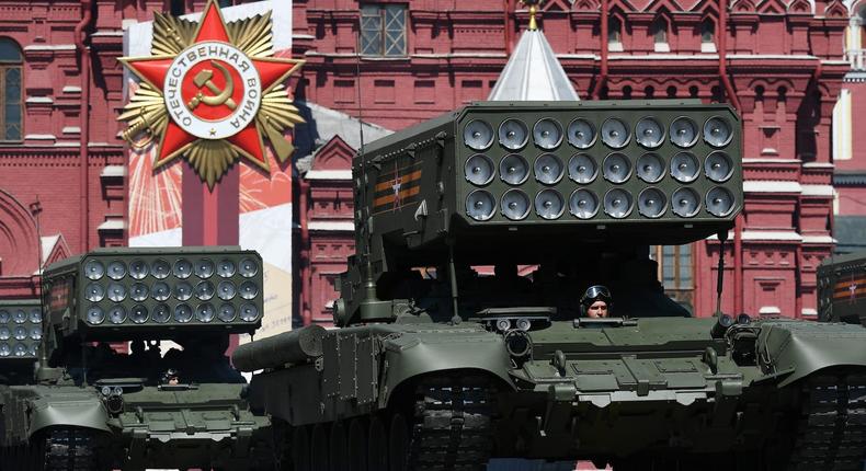 Russian TOS-1A multiple rocket launchers during the Victory Day Parade in Red Square in Moscow, Russia, June 24, 2020.Host photo agency/Ramil Sitdikov via REUTERS