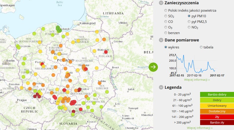 Stężenie pyłu PM10 - stan 2017-02-17 od godziny 05:00 do 06:00