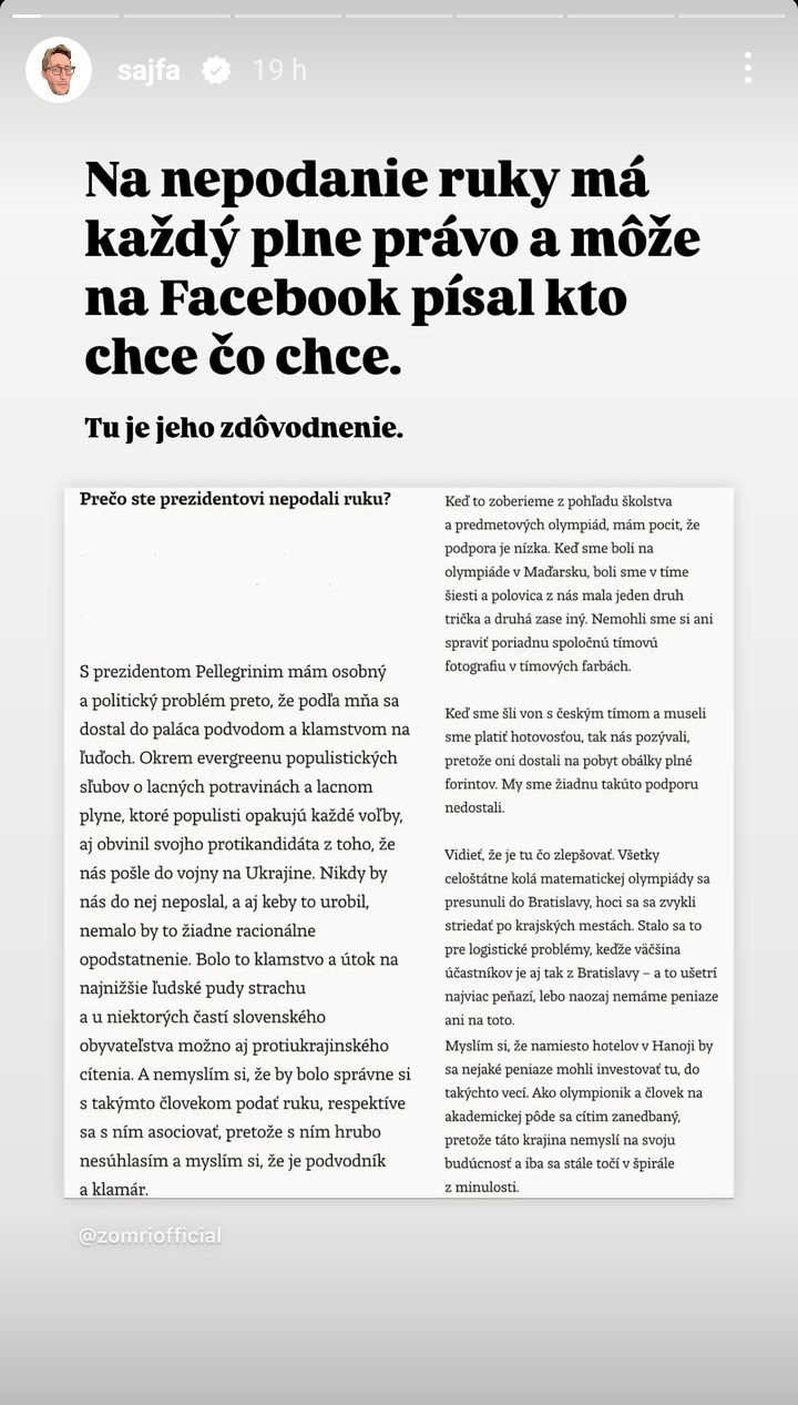 Moderátor Matej Sajfa Cifra vyjadril svoj názor na študenta Simona, ktorý nepodal ruku prezidentovi. 