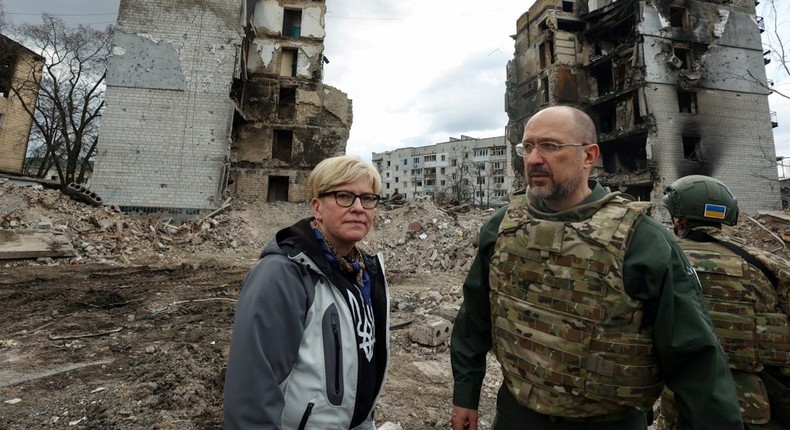 Lithuanian Prime Minister Ingrida imonyt and her Ukrainian counterpart Denys Shmyhal visit the Ukrainian town of Borodianka in April 2022.Ukrainian Governmental Press Service/Handout via REUTERS