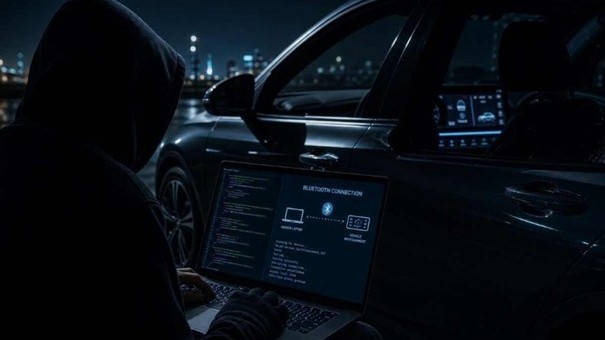 Hacker so laptopom v tme sediaci vedľa moderného auta, na obrazovke notebooku viditeľný kód a schéma Bluetooth pripojenia k infotainmentu vozidla. 