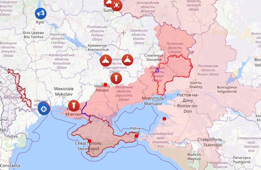 Mapa pet teritorija u Ukrajini